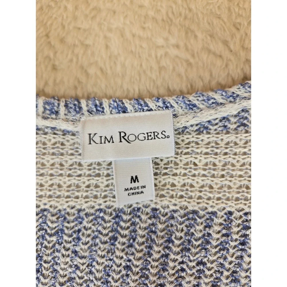Kim Rogers Blue White Striped Open Front Cardigan Sweater Womens Med Side Slit‎